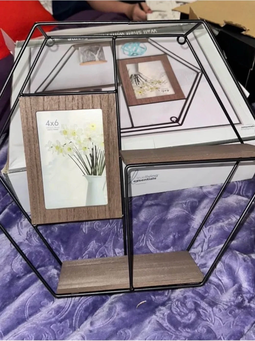 Wood and Black Hexagonal Wall Shelf with 4x6 Picture Frame